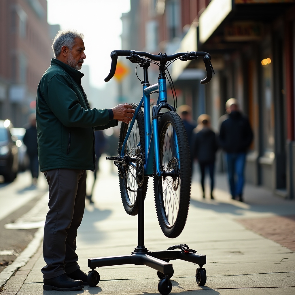 Bicycle repair in progress on a city sidewalk