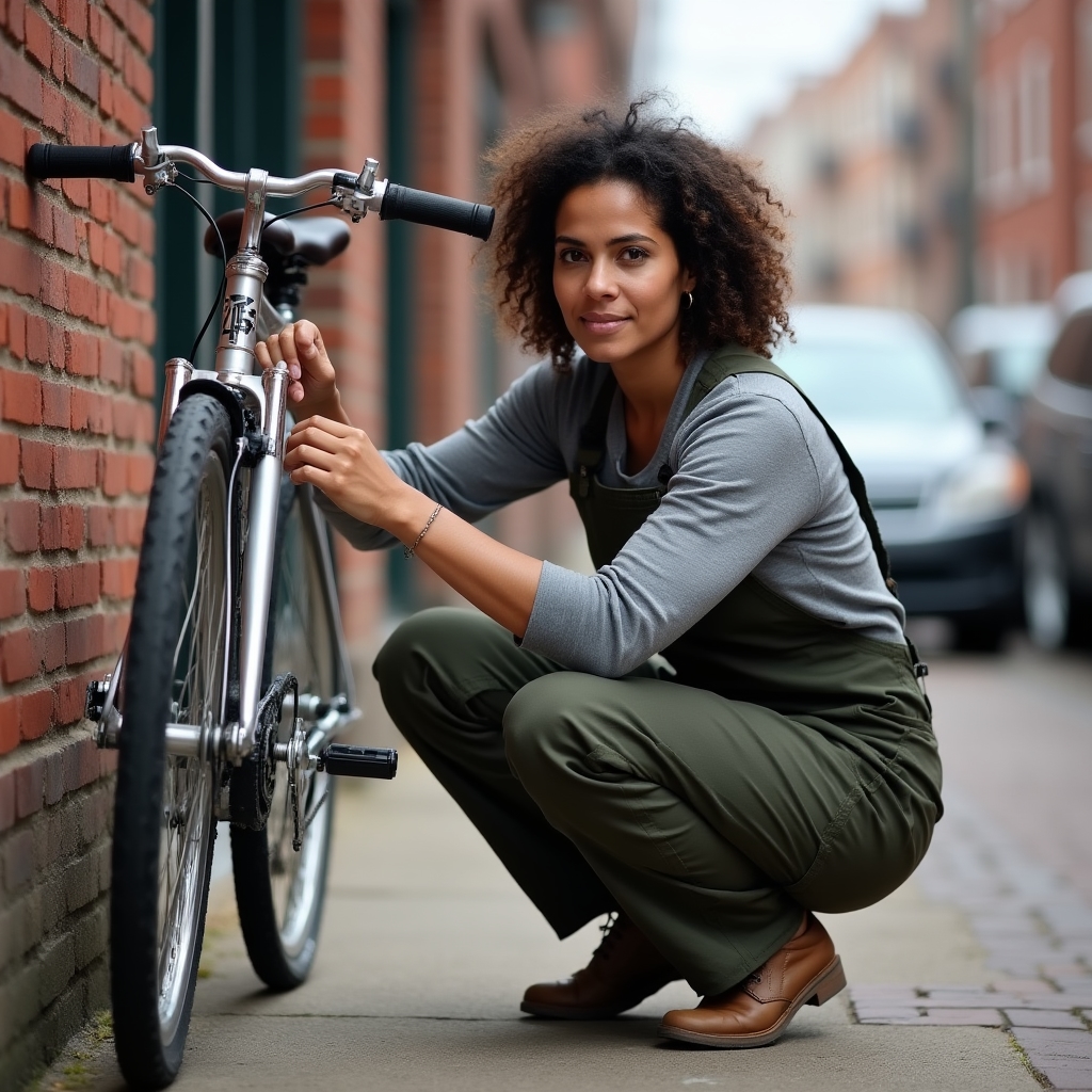 Mechanic adjusting bicycle brakes at an outdoor location
