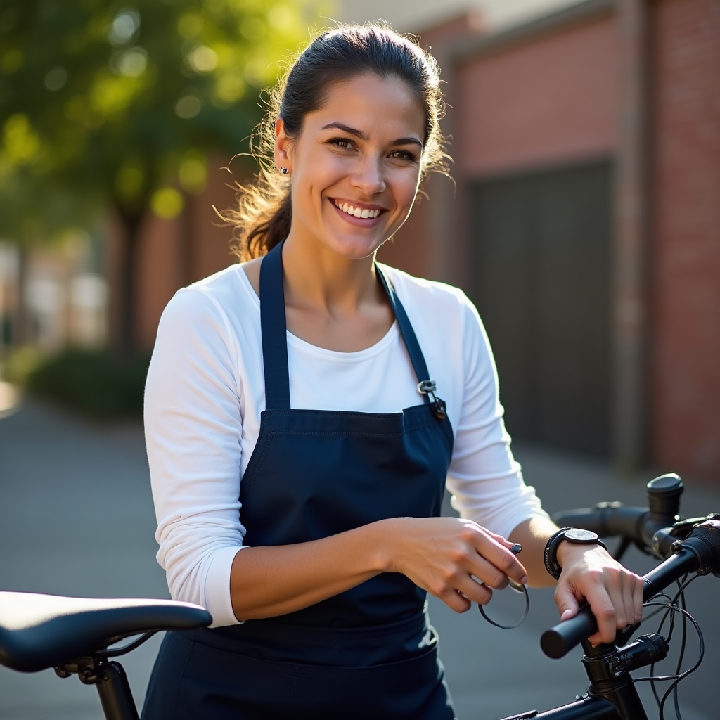 Diana, field mechanic, smiling while working on a bicycle