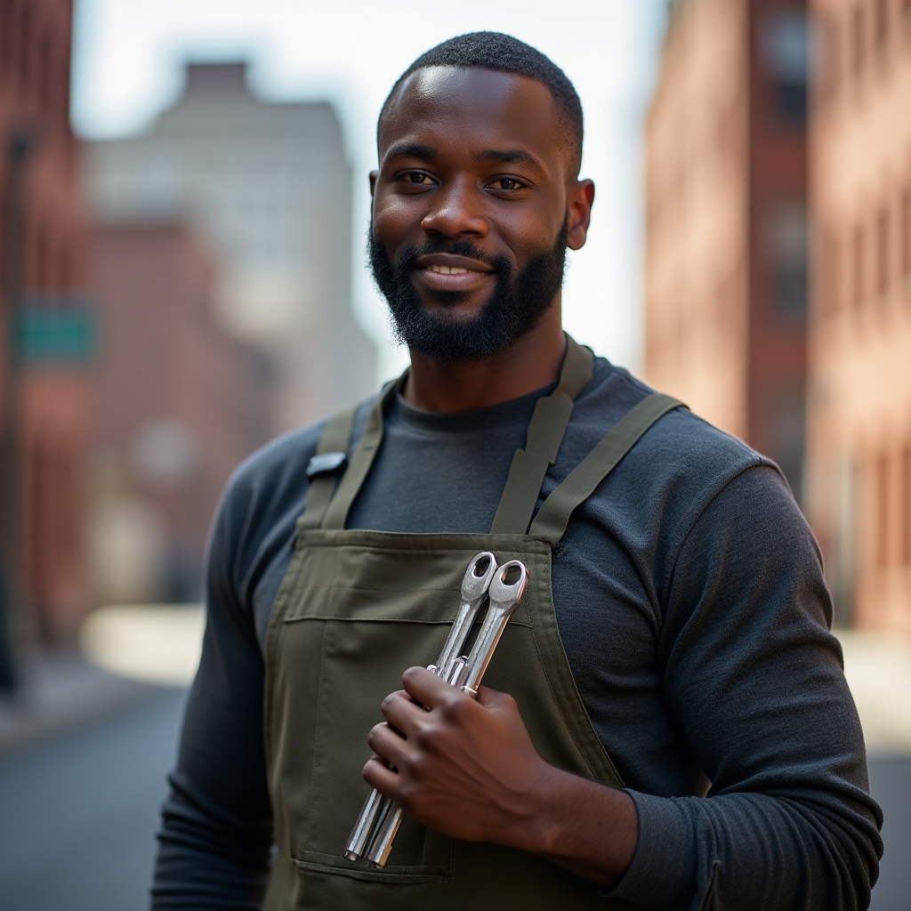 Marcus, senior bicycle mechanic, standing with tools in hand