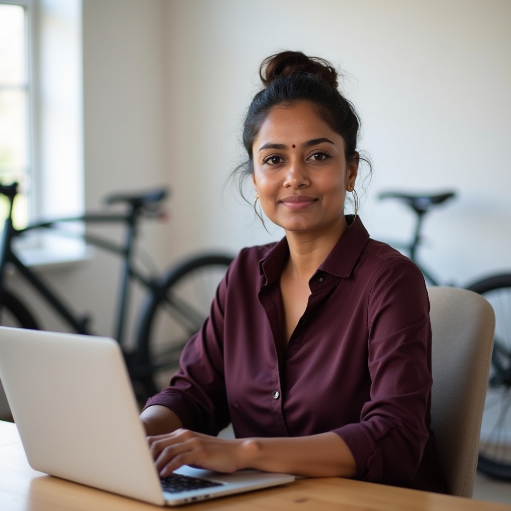 Priya, scheduling coordinator, at a desk with a bicycle in the background